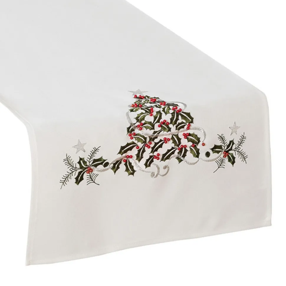 Bieżnik z haftem ZIELONY UROK 40x140 cm biały
