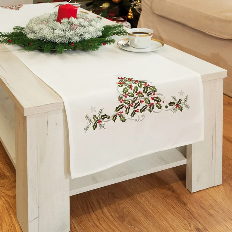 Bieżnik z haftem ZIELONY UROK 40x140 cm biały
