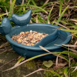 Ceramiczny karmnik dla ptaków na wodę i ziarno niebieski