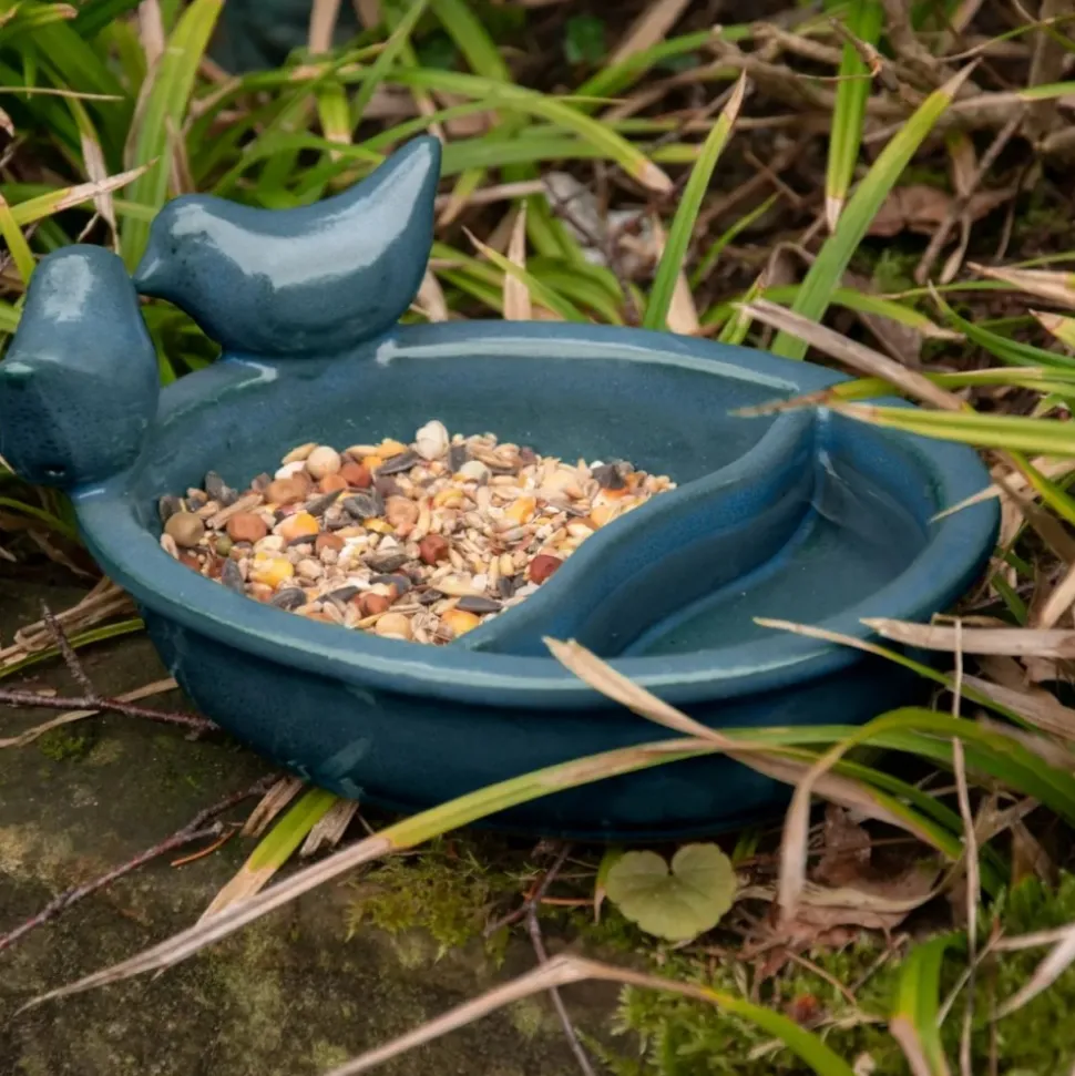 Ceramiczny karmnik dla ptaków na wodę i ziarno niebieski