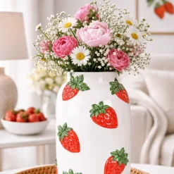 Ceramiczny wazon dekoracyjny z motywem truskawek 29 cm