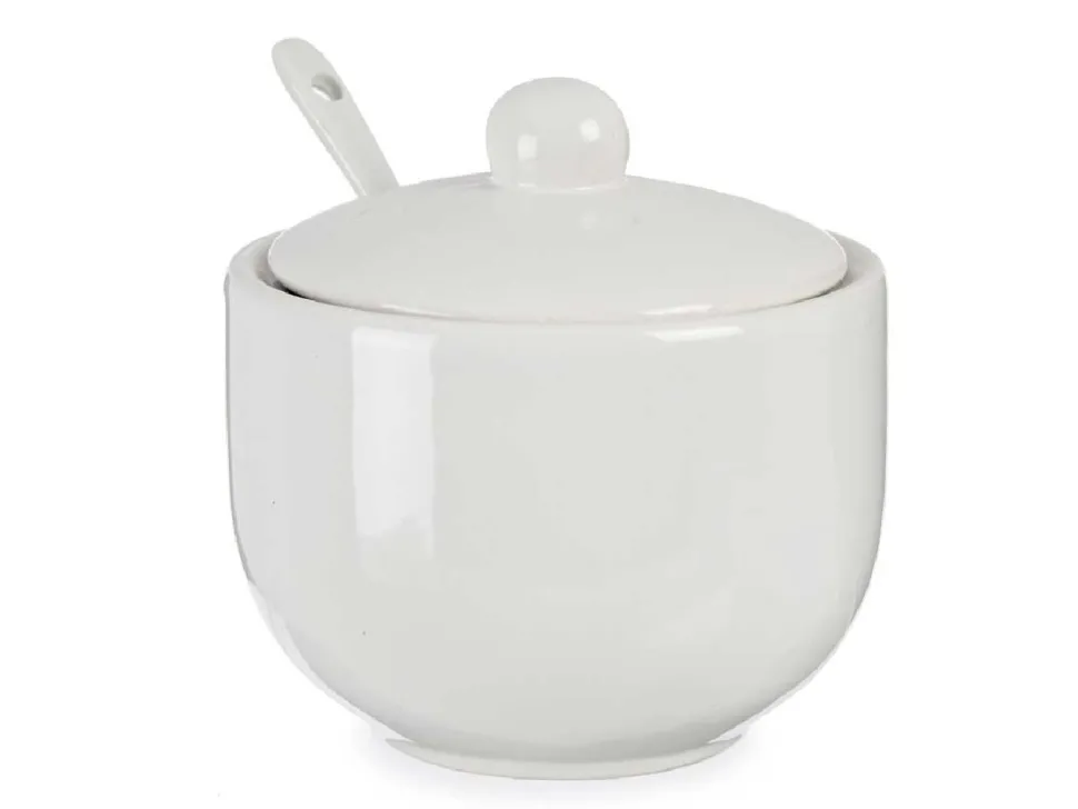 Cukierniczka porcelanowa z pokrywką i łyżeczką biała