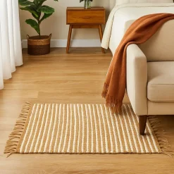 Jutowy dywanik 60x90 cm z frędzlami biały beż