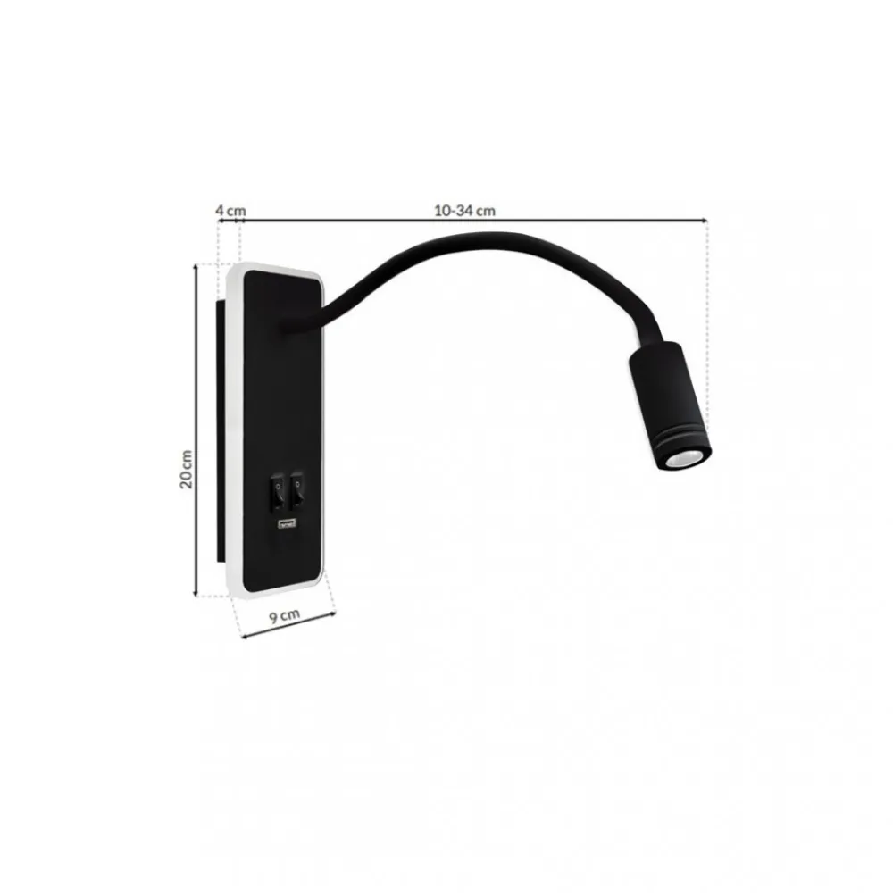 Kinkiet Regulowany BASE Czarny Ładowarka USB 8W+2W * Eko-light Clearance