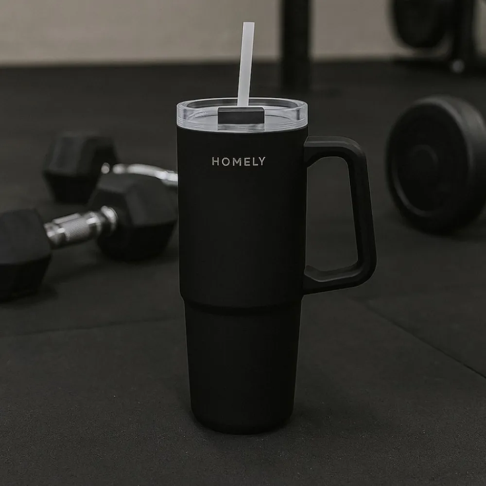 Kubek termiczny ze słomką 900 ml czarny * Estia Discount