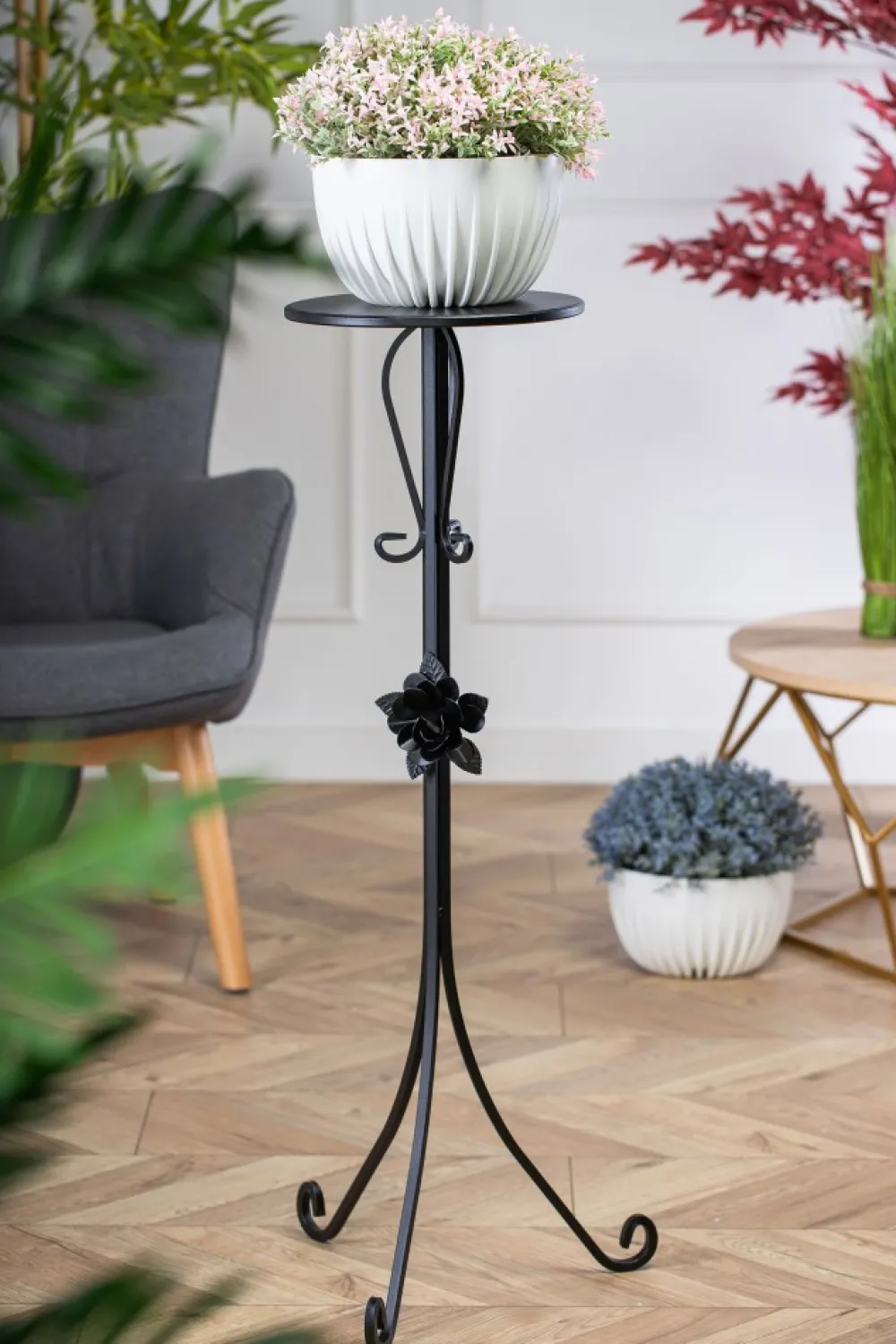 Kwietnik metalowy czarny z różą 95 cm * HowHomely New