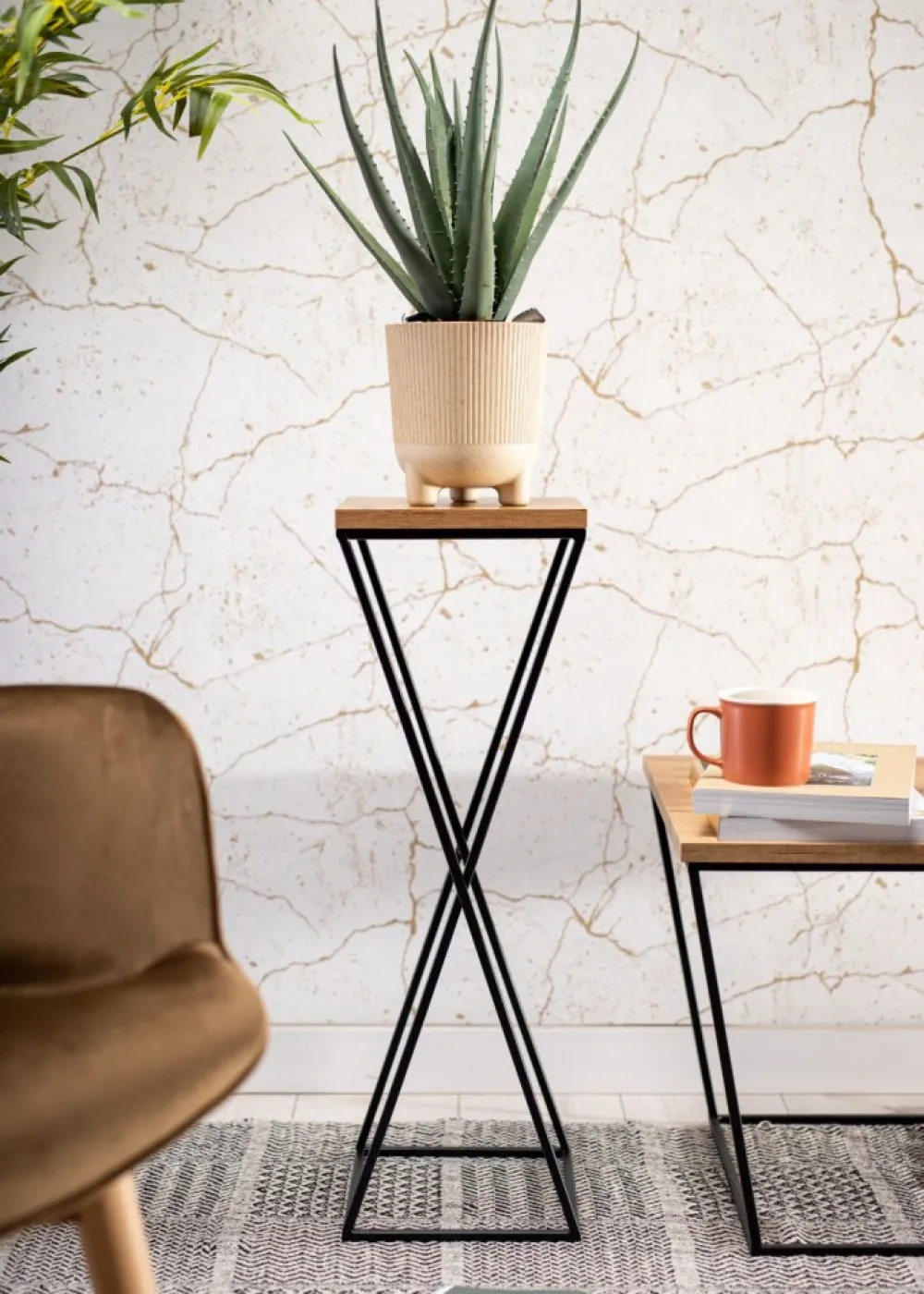 Kwietnik stojący 70 cm czarny z blatem dąb lancelot * HowHomely Discount