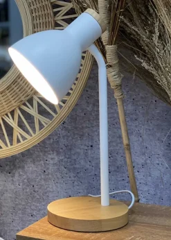 Lampa stołowa biała na drewnianej podstawie 36 cm