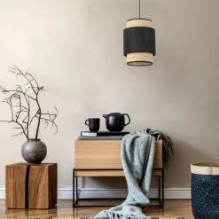 Lampa Wisząca BOHO Czarny Beżowy Abażur 1xE27 20cm