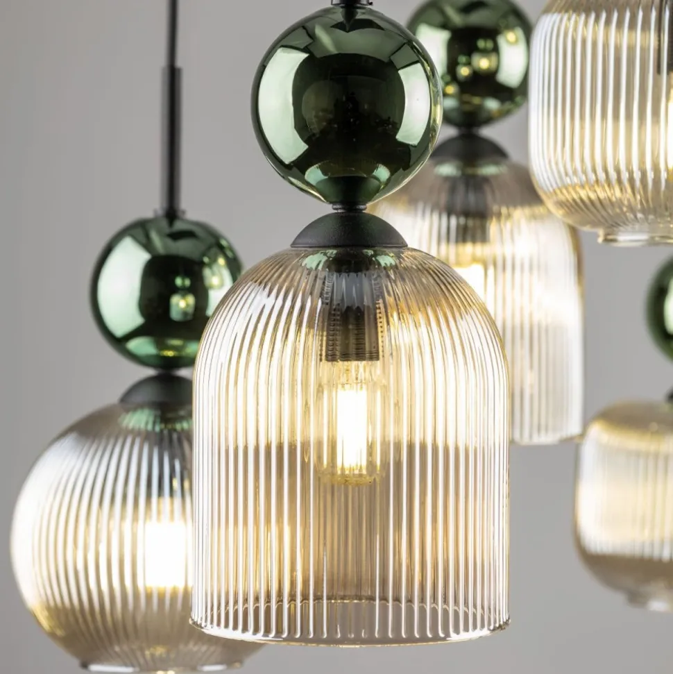 Lampa wisząca SOPHIA czarna zielona klosz beżowy 6xE14