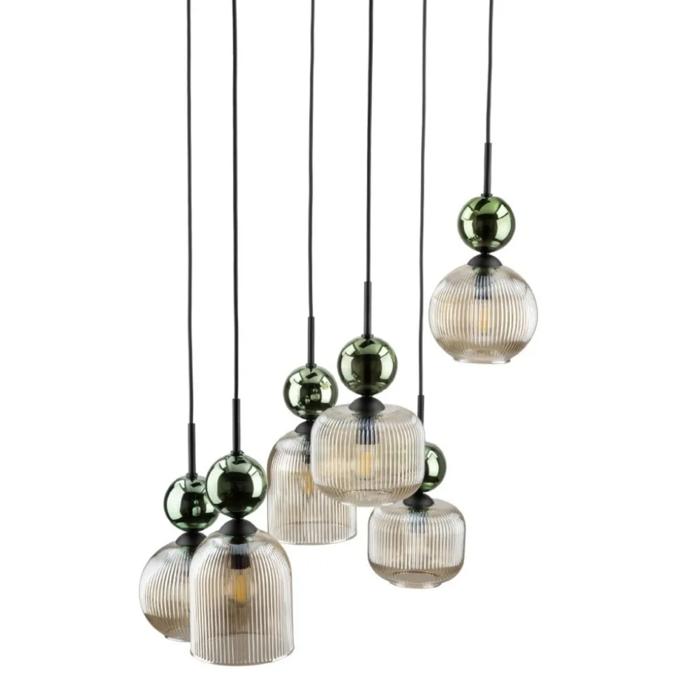 Lampa wisząca SOPHIA czarna zielona klosz beżowy 6xE14