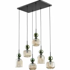 Lampa wisząca SOPHIA czarna zielona klosz beżowy 6xE14