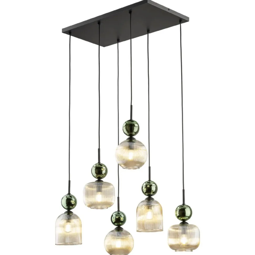 Lampa wisząca SOPHIA czarna zielona klosz beżowy 6xE14