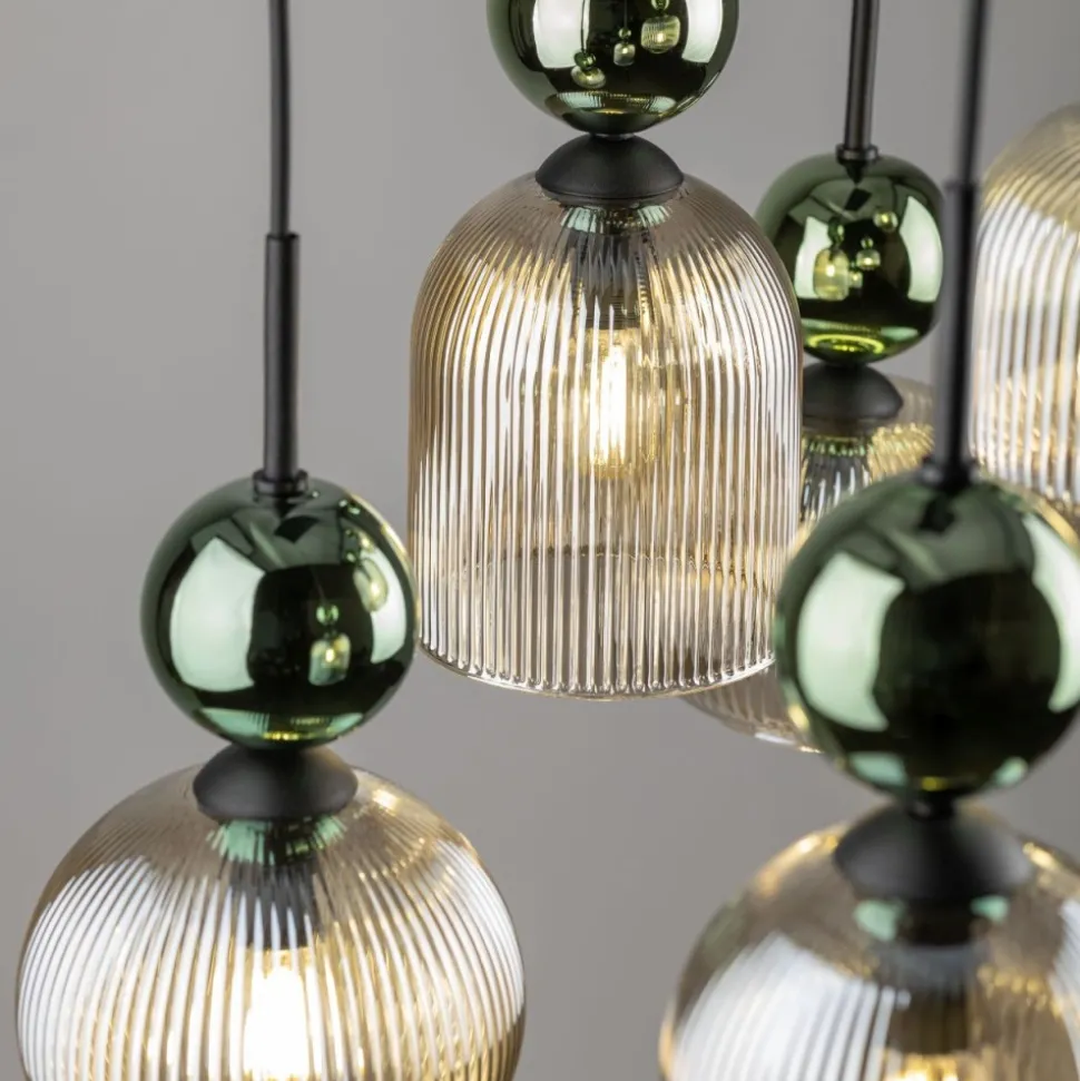 Lampa wisząca SOPHIA czarna zielona klosz beżowy 6xE14