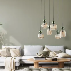 Lampa wisząca SOPHIA czarna zielona klosz beżowy 6xE14