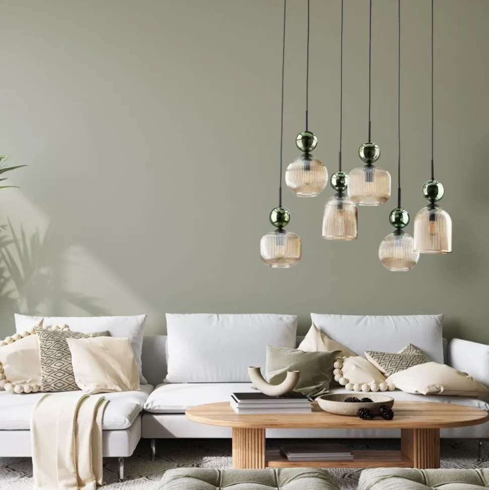 Lampa wisząca SOPHIA czarna zielona klosz beżowy 6xE14
