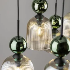 Lampa wisząca SOPHIA czarna zielona klosz beżowy 6xE14