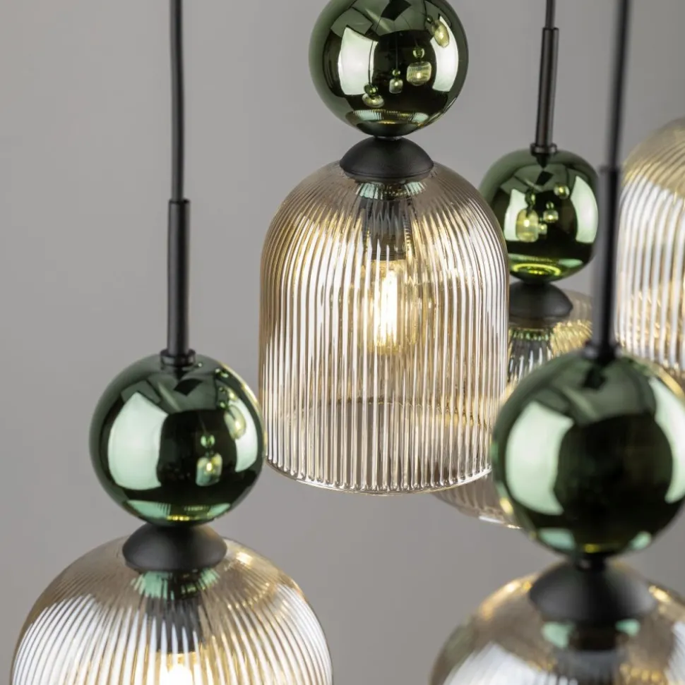 Lampa wisząca SOPHIA czarna zielona klosz beżowy 6xE14