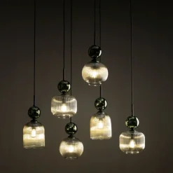 Lampa wisząca SOPHIA czarna zielona klosz beżowy 6xE14
