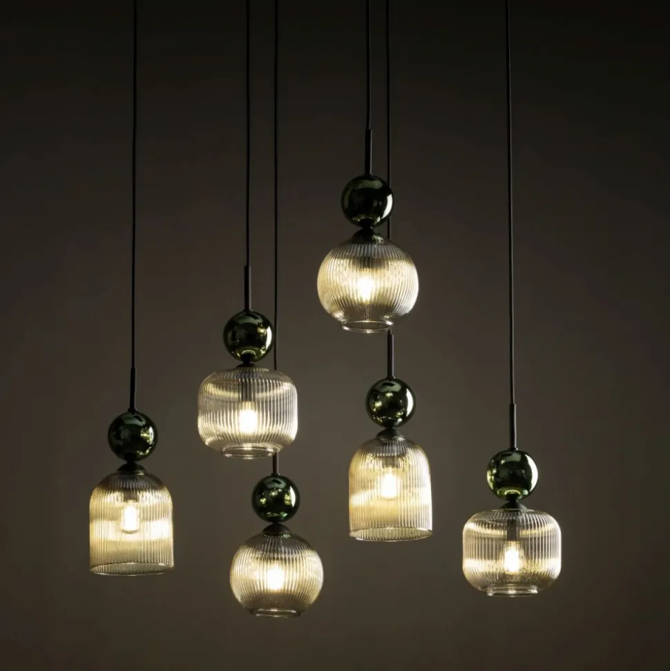 Lampa wisząca SOPHIA czarna zielona klosz beżowy 6xE14
