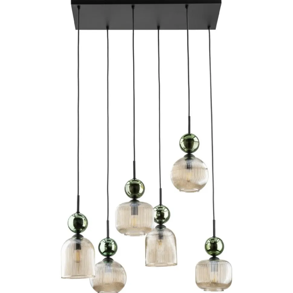 Lampa wisząca SOPHIA czarna zielona klosz beżowy 6xE14