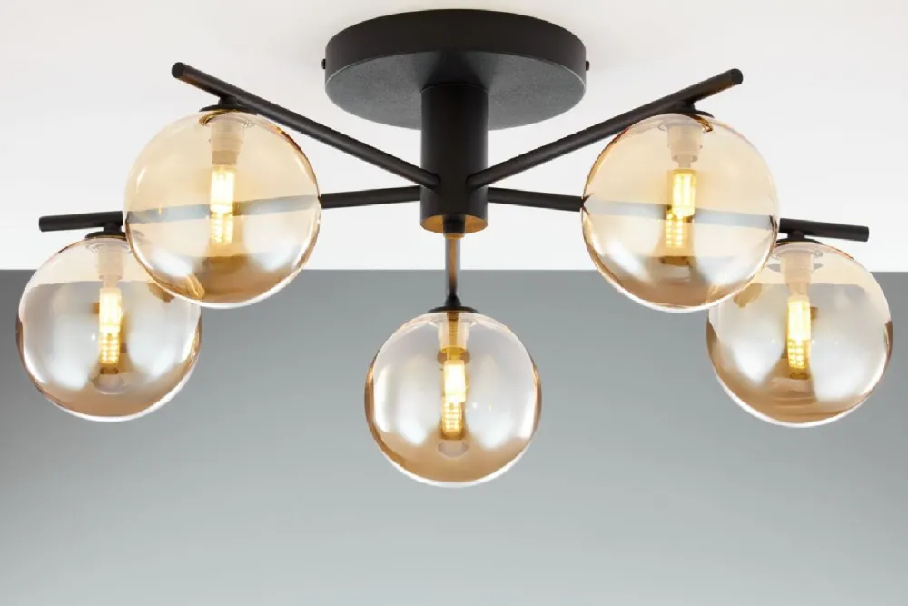Lampa sufitowa PRATO czarna bursztynowy klosz 5xG9 * Jupiter New