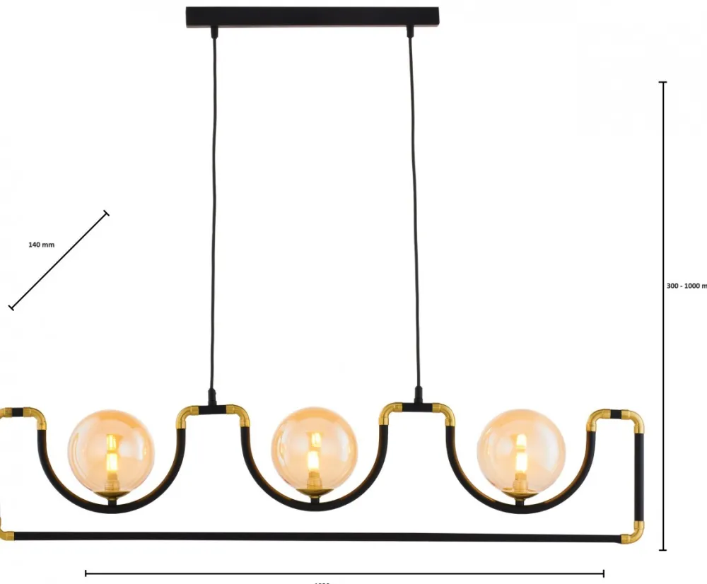 Lampa Wisząca HANZA Czarny Bursztynowy Szklane Klosze 3xG9 * Jupiter New