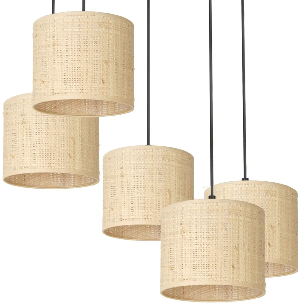 Lampa Wisząca RATTAN Czarny Beżowy Abażur 5xE27