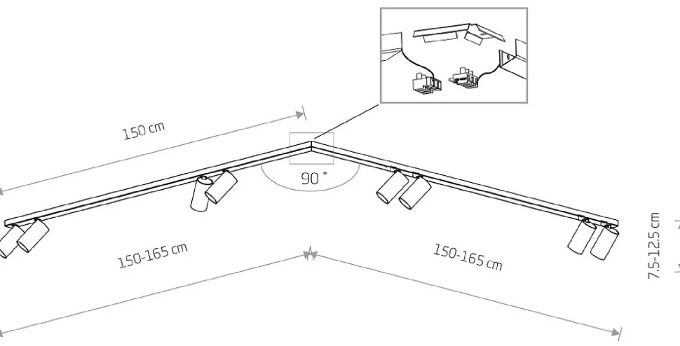 Narożna Lampa Sufitowa Spot MONO Czarny 8xGU10 2x1,5m