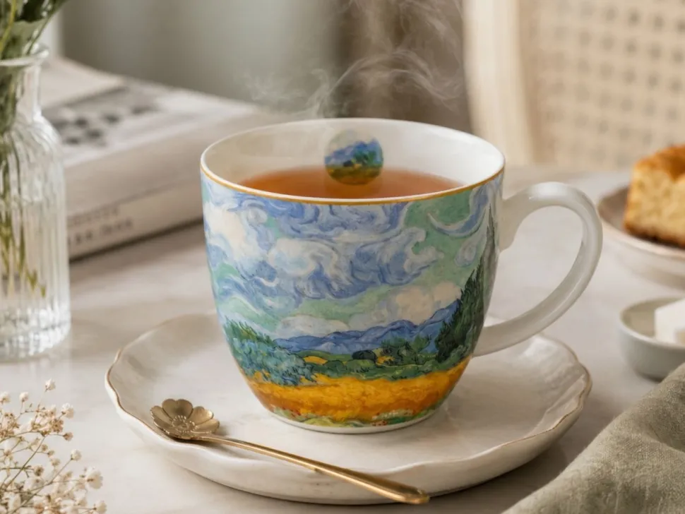 Porcelanowy kubek 460 ml Van Gogh Wheat Field w koszyczku