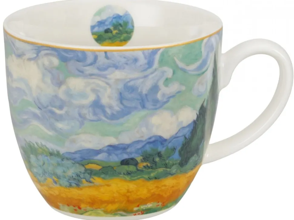 Porcelanowy kubek 460 ml Van Gogh Wheat Field w koszyczku