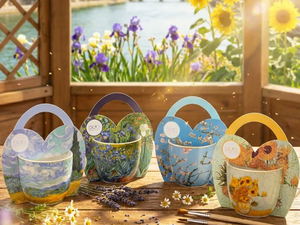 Porcelanowy kubek 460 ml Van Gogh Irises w koszyczku w koszyczku