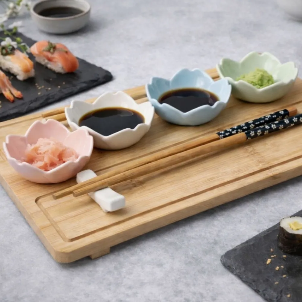 Zestaw do sushi z bambusową tacą i porcelanowymi miseczkami 9 el. * HowHomely